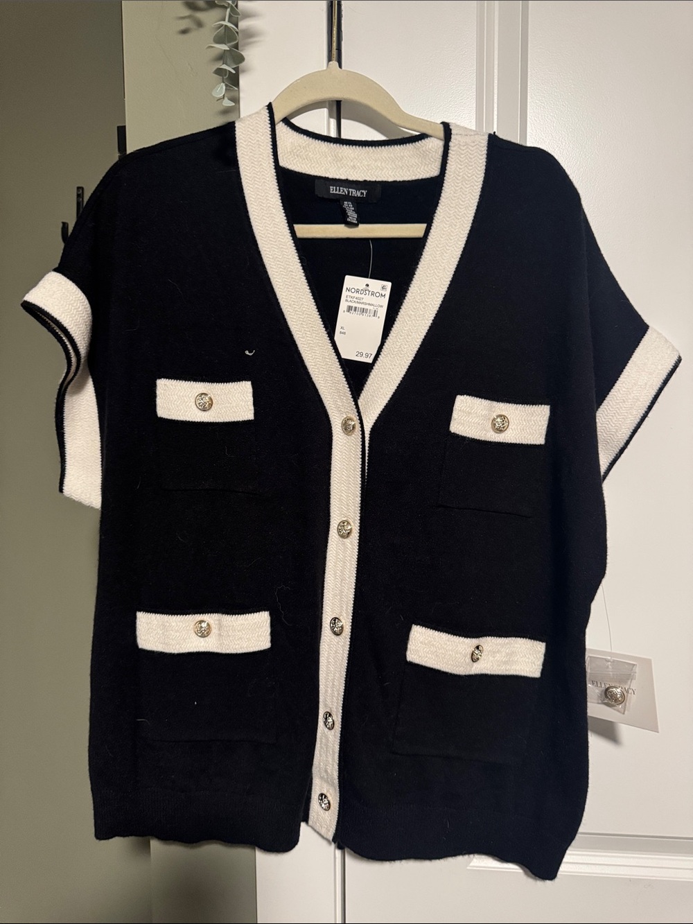 Ellen Tracy Black Knit Short-Sleeve Cardigan with White Trim